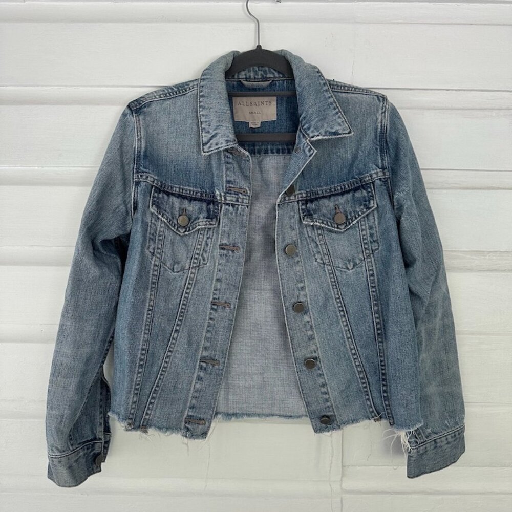 All Saints small women's denim jacket, distressed, frayed, cropped good con